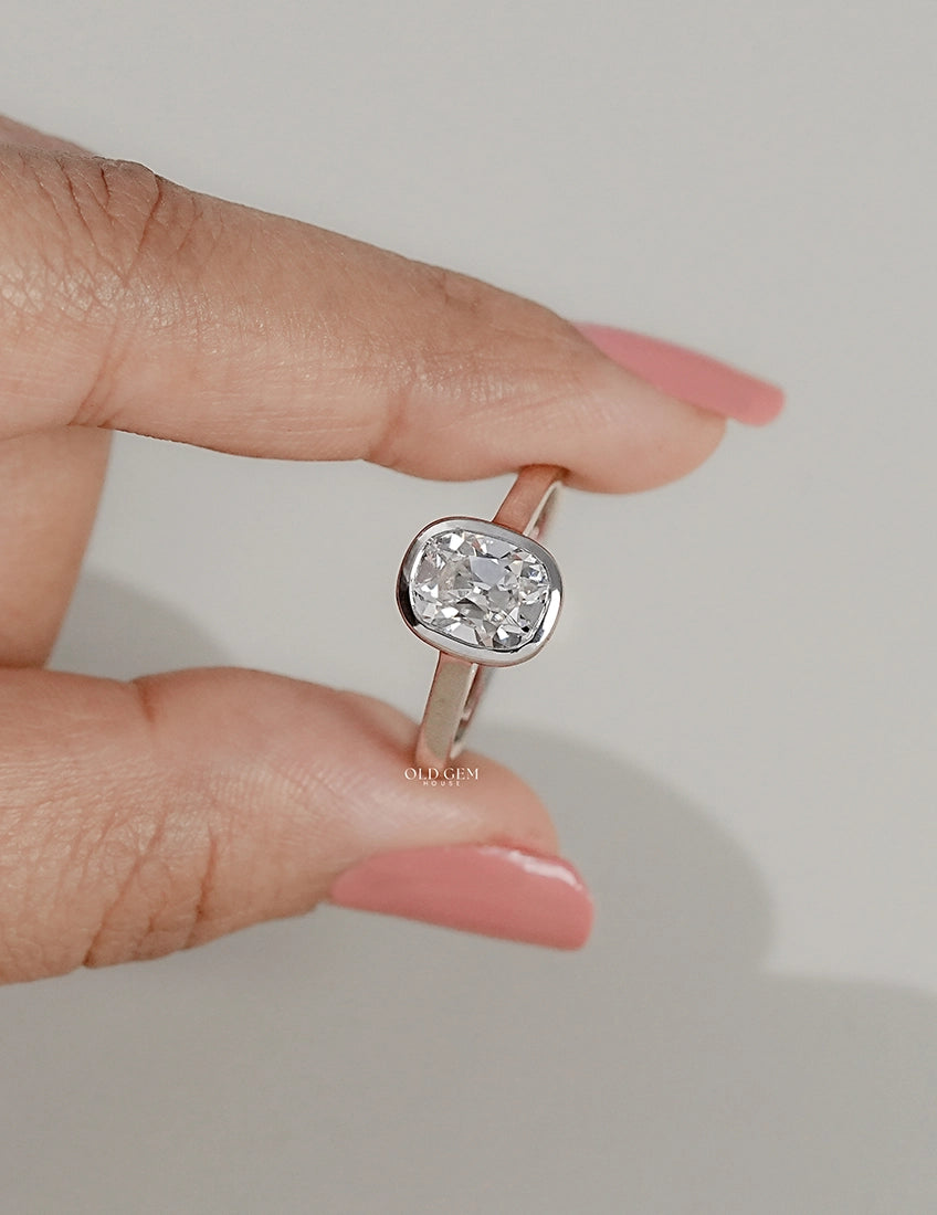 Mid Century Old Mine Cushion Bezel Set Solitaire Ring Engagement Ring