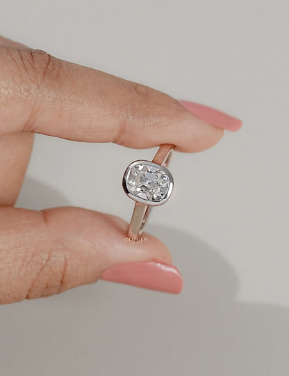 Mid Century Old Mine Cushion Bezel Set Solitaire Ring Engagement Ring