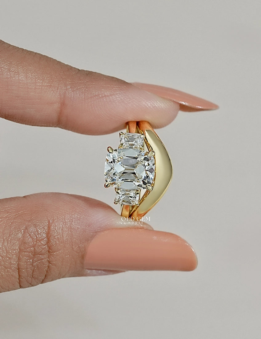 Georgian Old Mine Cushion Trilogy Diamond Curved Ring Set Engagement Ring