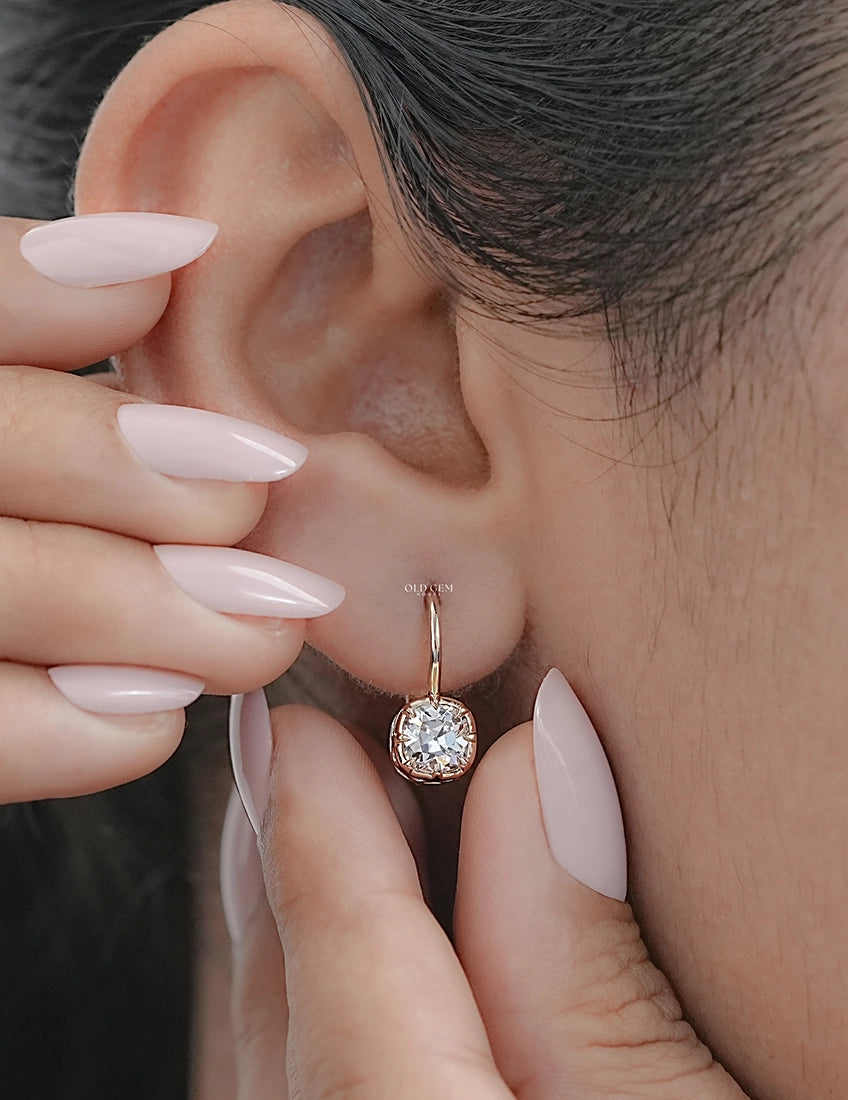 Old Mine Cushion Cut Huggie Hoop Drop Earrings Earrings