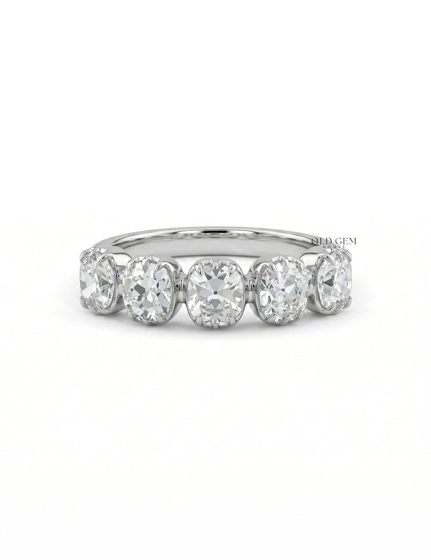 Mid Century Five Stone Old Mine Cushion Cut Diamond Ring Wedding Band