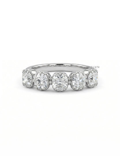 Mid Century Five Stone Old Mine Cushion Cut Diamond Ring Wedding Band