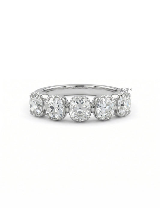 Mid Century Five Stone Old Mine Cushion Cut Diamond Ring Wedding Band
