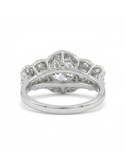 Mid Century Old Mine Cut Diamond Five Stone Halo Ring Wedding Band