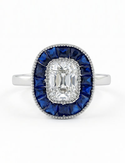 Art Deco Old Mine Cushion Cut Blue Sapphire Halo Ring