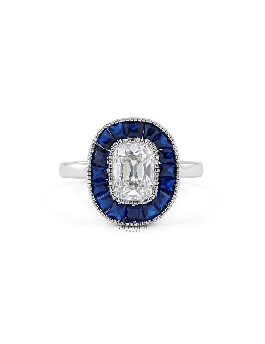 Art Deco Old Mine Cushion Cut Blue Sapphire Halo Ring Engagement Ring