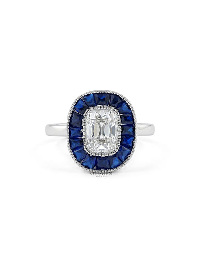 Art Deco Old Mine Cushion Cut Blue Sapphire Halo Ring Engagement Ring