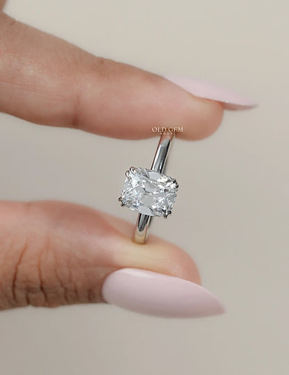 Mid Century Old Mine Cut Cushion Diamond Hidden Halo Ring Engagement Ring