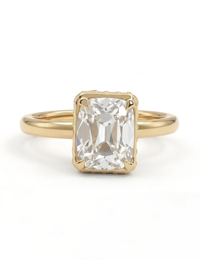 Mid Century Old Mine Cushion Hidden Halo Engagement Ring