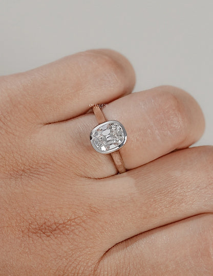 Mid Century Old Mine Cushion Bezel Set Solitaire Ring Engagement Ring