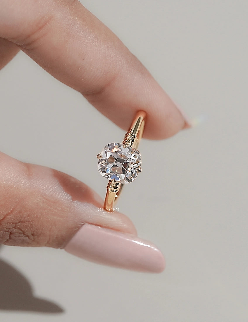 Mid Century Old Mine Cushion Diamond Solitaire Ring Engagement Ring