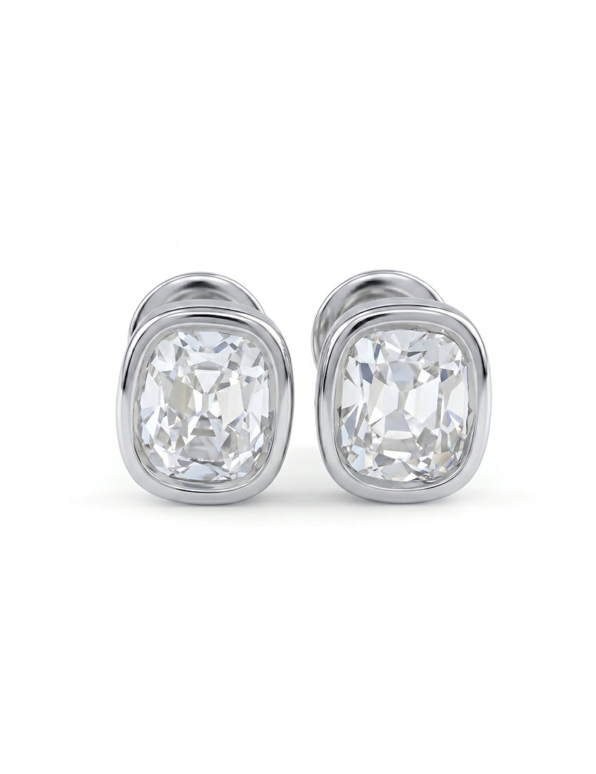 Old Mine Cushion Diamond Bezel Set Stud Earring Earrings