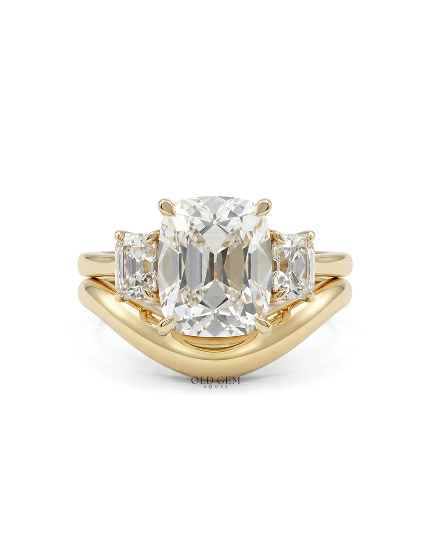 Georgian Old Mine Cushion Trilogy Diamond Curved Ring Set Engagement Ring