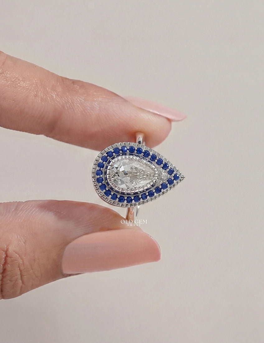 Art Deco Old Mine Pear Cut Sapphire Halo Engagement Ring Engagement Ring
