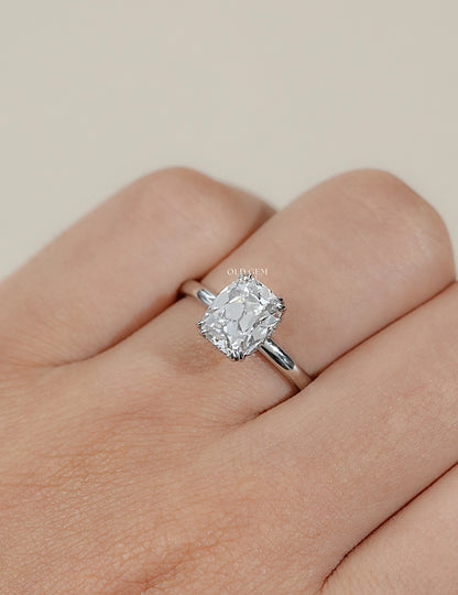 Mid Century Old Mine Cut Cushion Diamond Hidden Halo Ring Engagement Ring