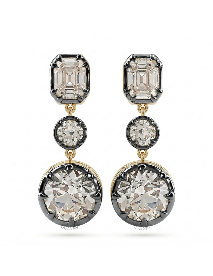 Old European & Asscher Cut Diamond Three Stone Drop Earring Earrings
