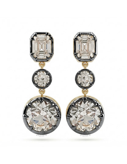 Old European & Asscher Cut Diamond Three Stone Drop Earring Earrings