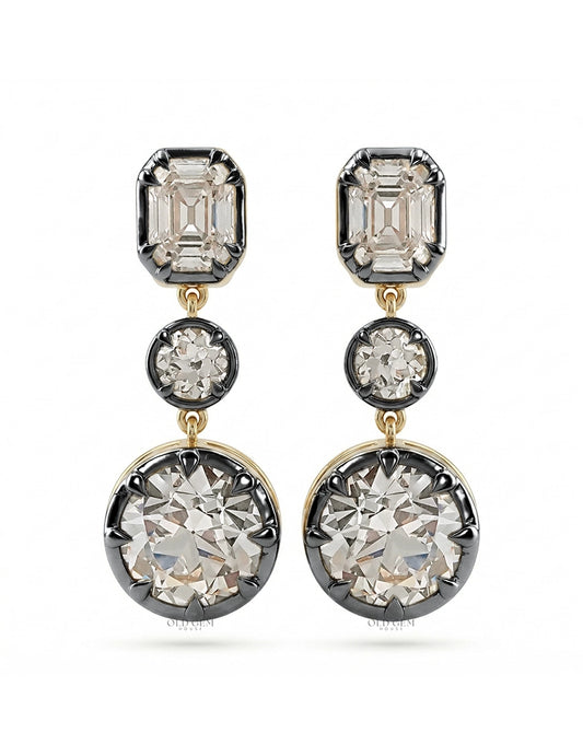 Old European & Asscher Cut Three Stone Drop Earring Earrings