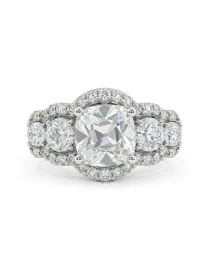 Mid Century Old Mine Cut Diamond Five Stone Halo Ring Wedding Band