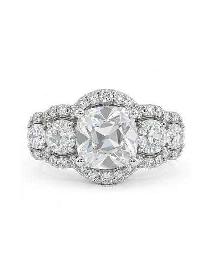 Mid Century Old Mine Cut Diamond Five Stone Halo Ring Wedding Band