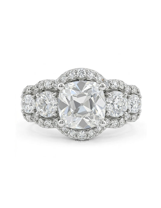 Mid Century Old Mine Cut Diamond Five Stone Halo Ring Wedding Band