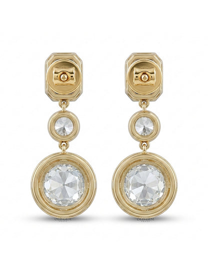 Old European & Asscher Cut Diamond Three Stone Drop Earring Earrings