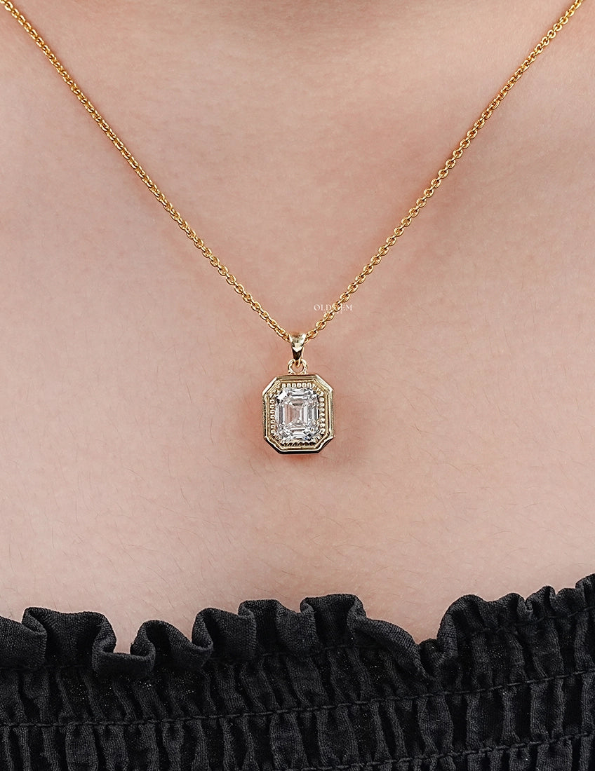 Old Mine Emerald Cut Milgrain Bezel Set Pendant Necklaces