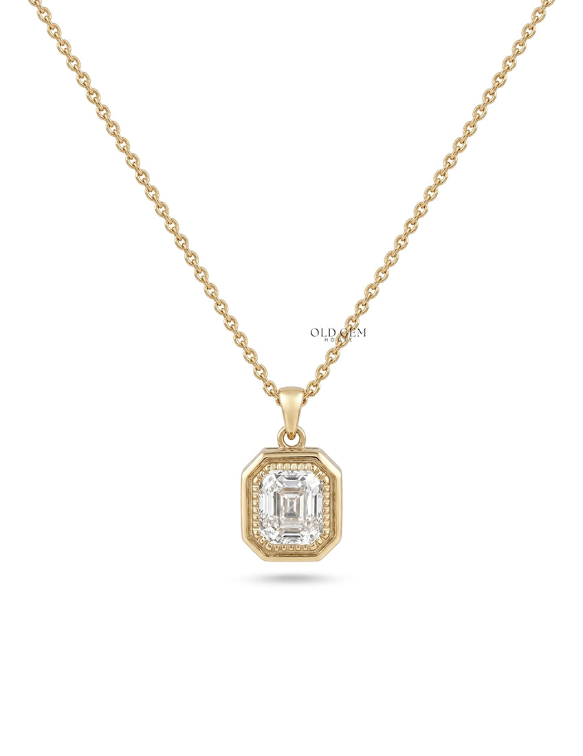Old Mine Emerald Cut Milgrain Bezel Set Pendant Necklaces