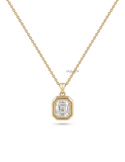 Old Mine Emerald Cut Milgrain Bezel Set Pendant Necklaces