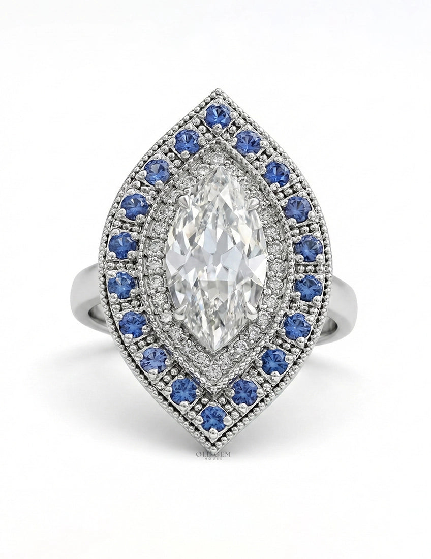 Old Mine Marquise Sapphire Double Halo Ring Engagement Ring