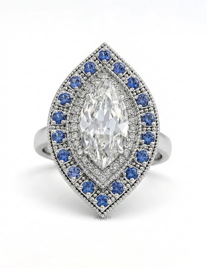 Old Mine Marquise Sapphire Double Halo Ring Engagement Ring