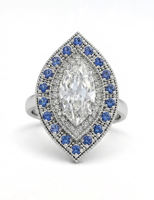 Old Mine Marquise Sapphire Double Halo Ring Engagement Ring