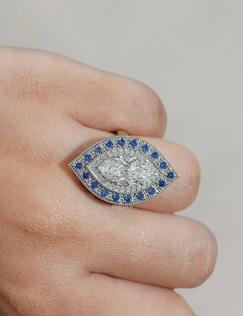 Art Deco Old Mine Marquise Sapphire Double Halo Ring Engagement Ring