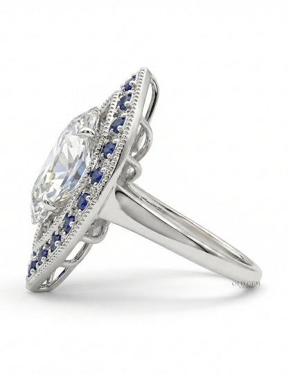Art Deco Old Mine Marquise Sapphire Double Halo Ring Engagement Ring
