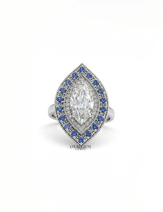 Art Deco Old Mine Marquise Sapphire Double Halo Ring Engagement Ring
