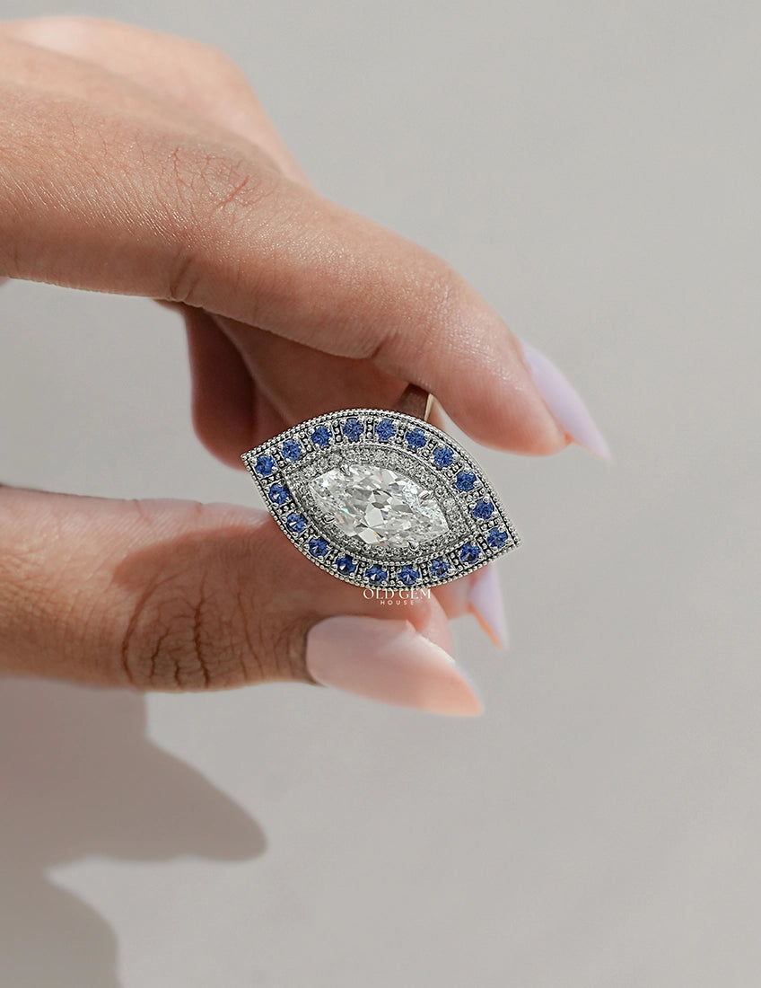 Old Mine Marquise Sapphire Double Halo Ring Engagement Ring