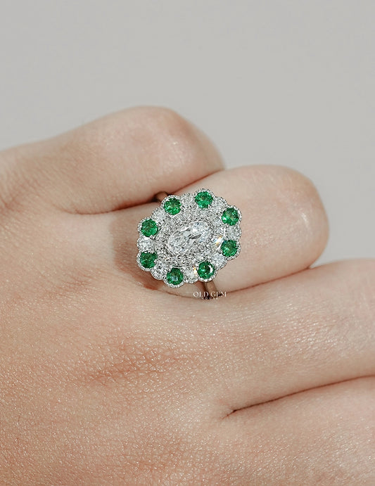 Emerald Art Deco Old Mine Oval Cut Double Halo Ring Engagement Ring