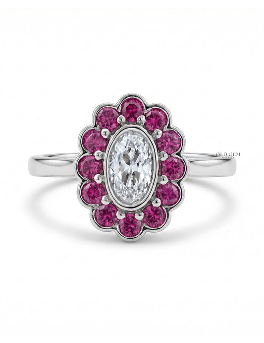 Art Deco Old Mine Oval Cut Pink Halo Engagement Ring Engagement Ring