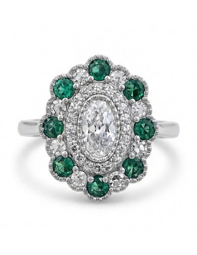 Emerald Art Deco Old Mine Oval Cut Double Halo Ring