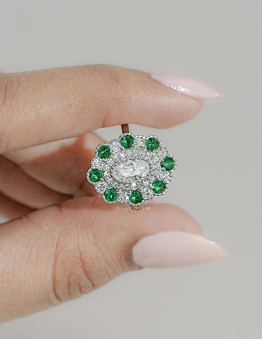 Emerald Art Deco Old Mine Oval Cut Double Halo Ring Engagement Ring
