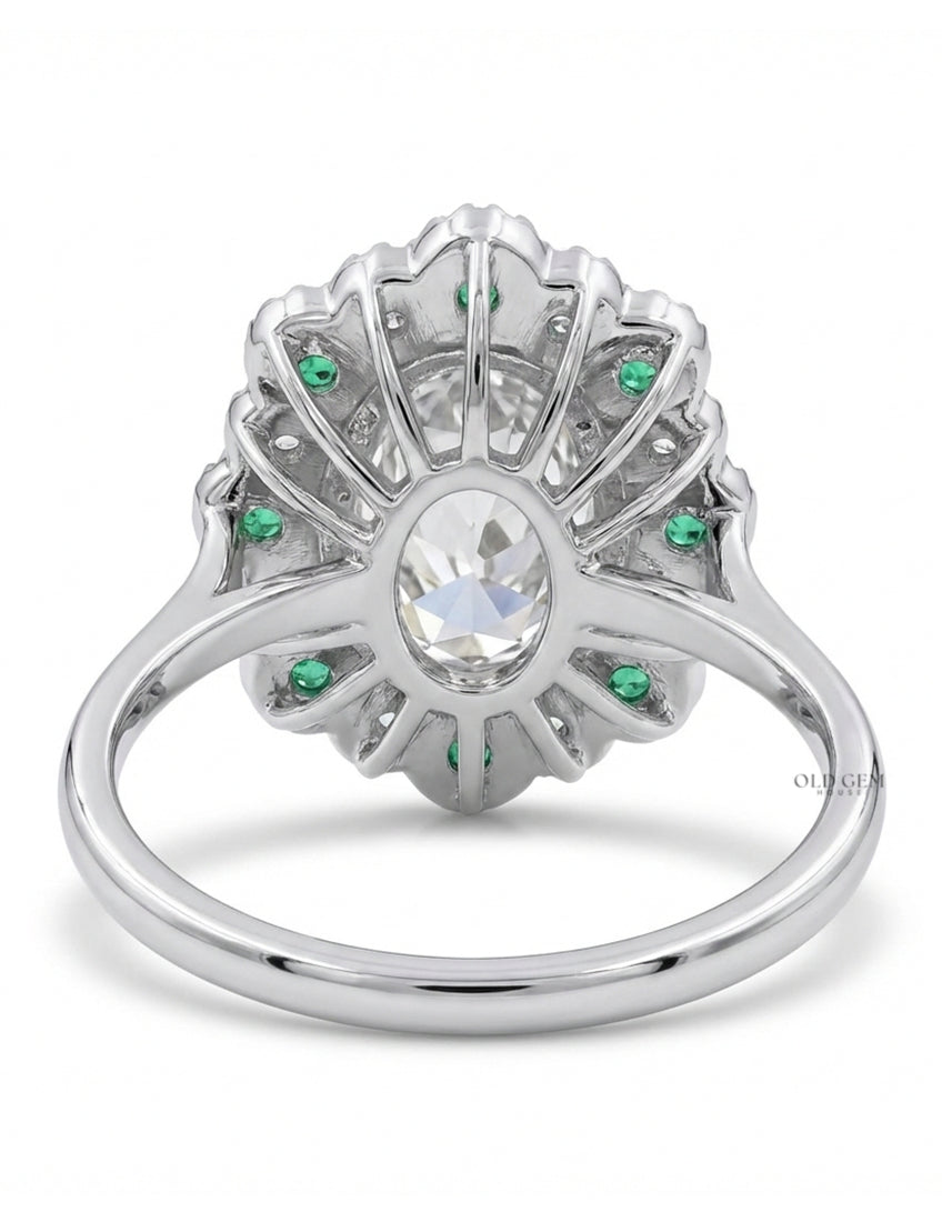 Emerald Art Deco Old Mine Oval Cut Double Halo Ring Engagement Ring