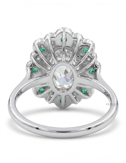 Emerald Art Deco Old Mine Oval Cut Double Halo Ring Engagement Ring