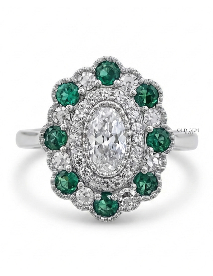Emerald Art Deco Old Mine Oval Cut Double Halo Ring Engagement Ring