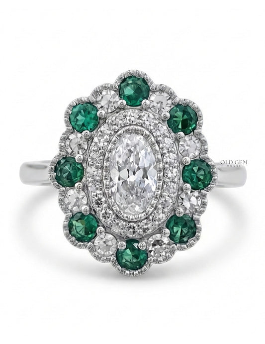 Old Mine Oval Lab Green Gemstone Halo Engagement Ring