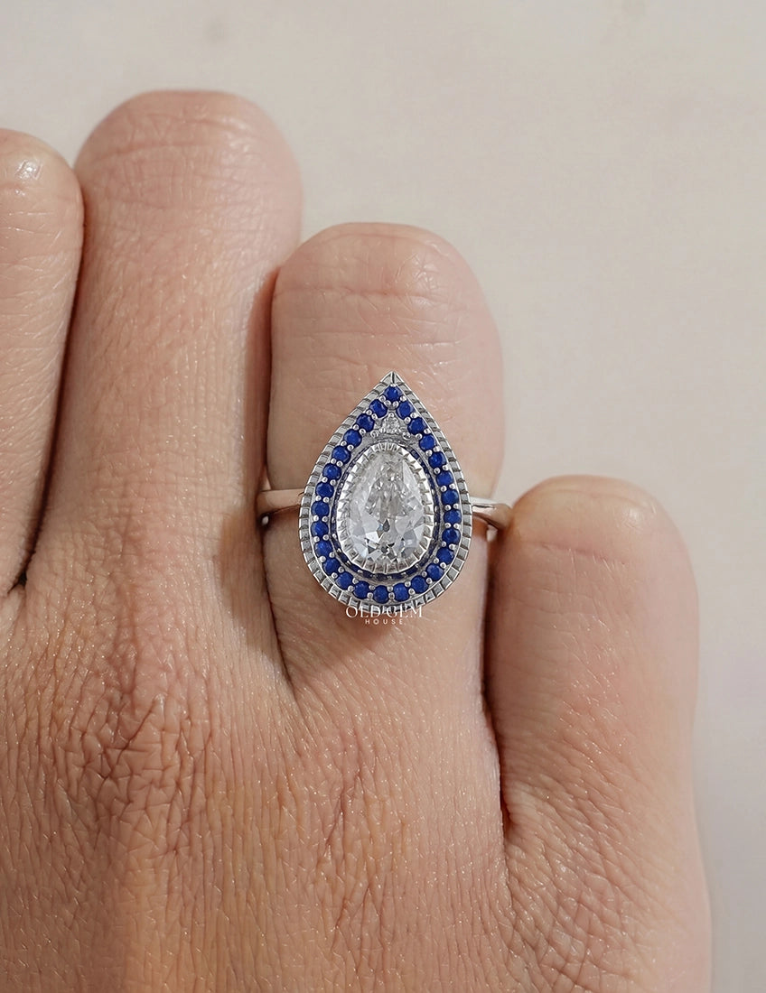 Art Deco Old Mine Pear Cut Sapphire Halo Engagement Ring Engagement Ring