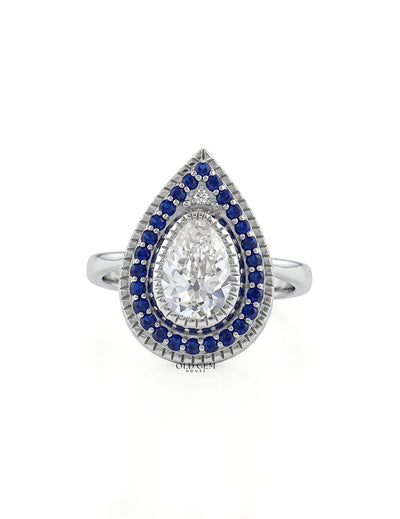 Art Deco Old Mine Pear Cut Sapphire Halo Engagement Ring