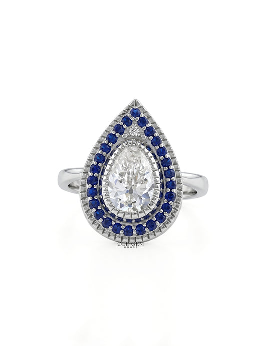 Art Deco Old Mine Pear Cut Sapphire Halo Engagement Ring Engagement Ring