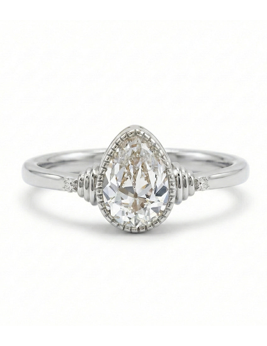 Edwardian Old Mine Pear Milgrain Bezel Set Ring Engagement Ring