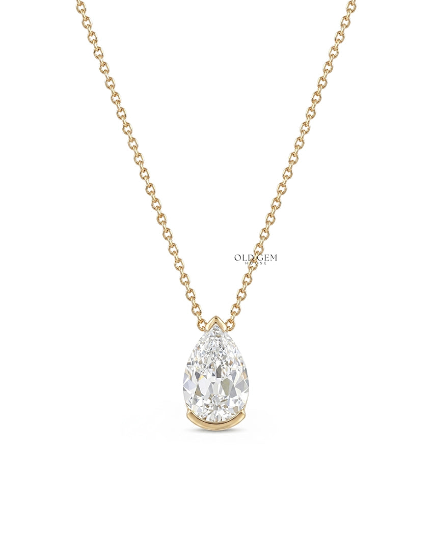 Old Mine Pear Diamond Half Bezel Set Pendant Necklaces