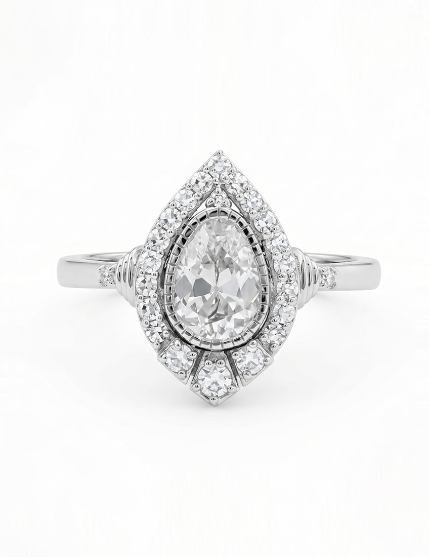 Edwardian Vintage Old Mine Pear Shape Lab Diamond Halo Ring Engagement Ring